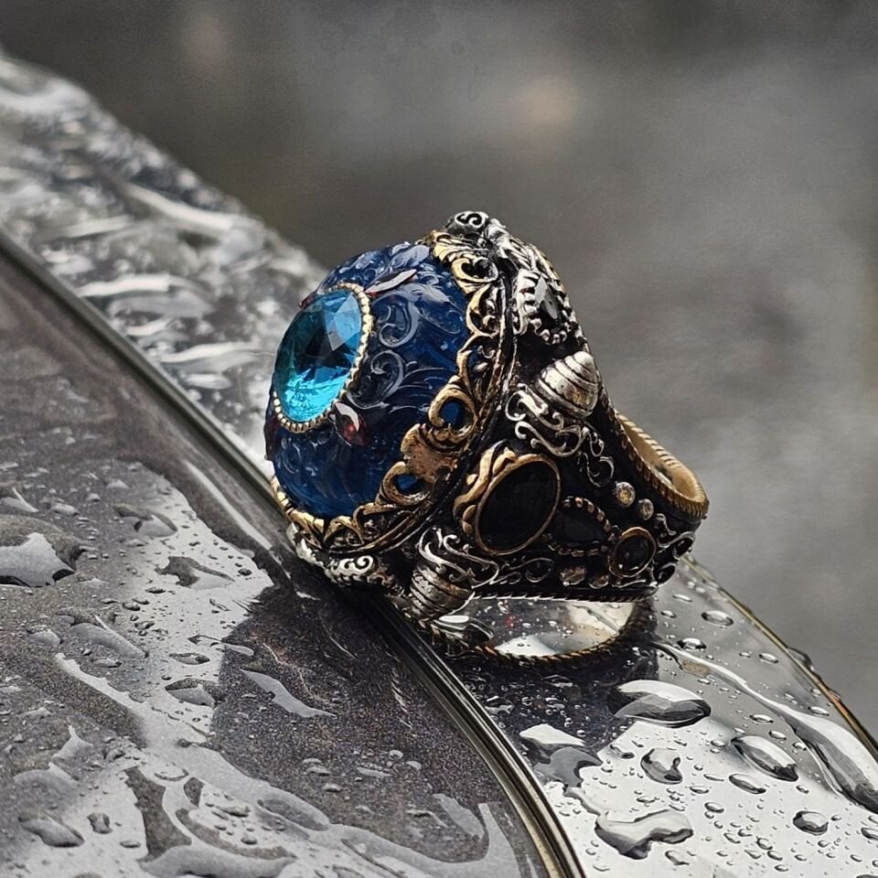 Dünyada Tek Serisi Sıkma Kehribar taşlı ortası Damla Zirkon taşlı Üst Düzey 925 Ayar Erkek Gümüş Yüzük