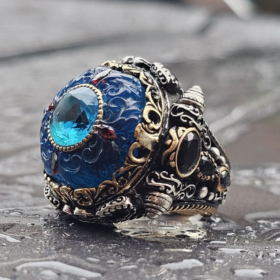 Dünyada Tek Serisi Sıkma Kehribar taşlı ortası Damla Zirkon taşlı Üst Düzey 925 Ayar Erkek Gümüş Yüzük