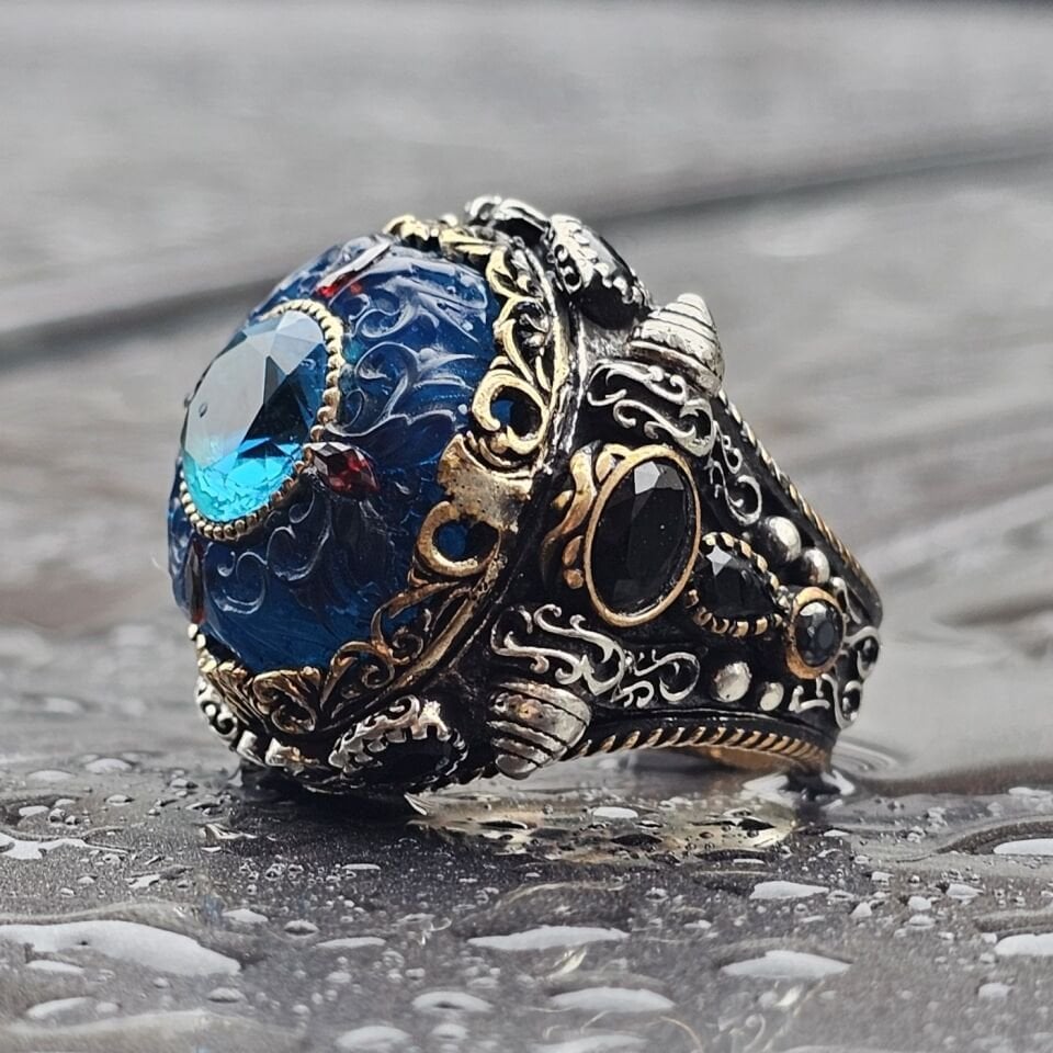 Dünyada Tek Serisi Sıkma Kehribar taşlı ortası Damla Zirkon taşlı Üst Düzey 925 Ayar Erkek Gümüş Yüzük