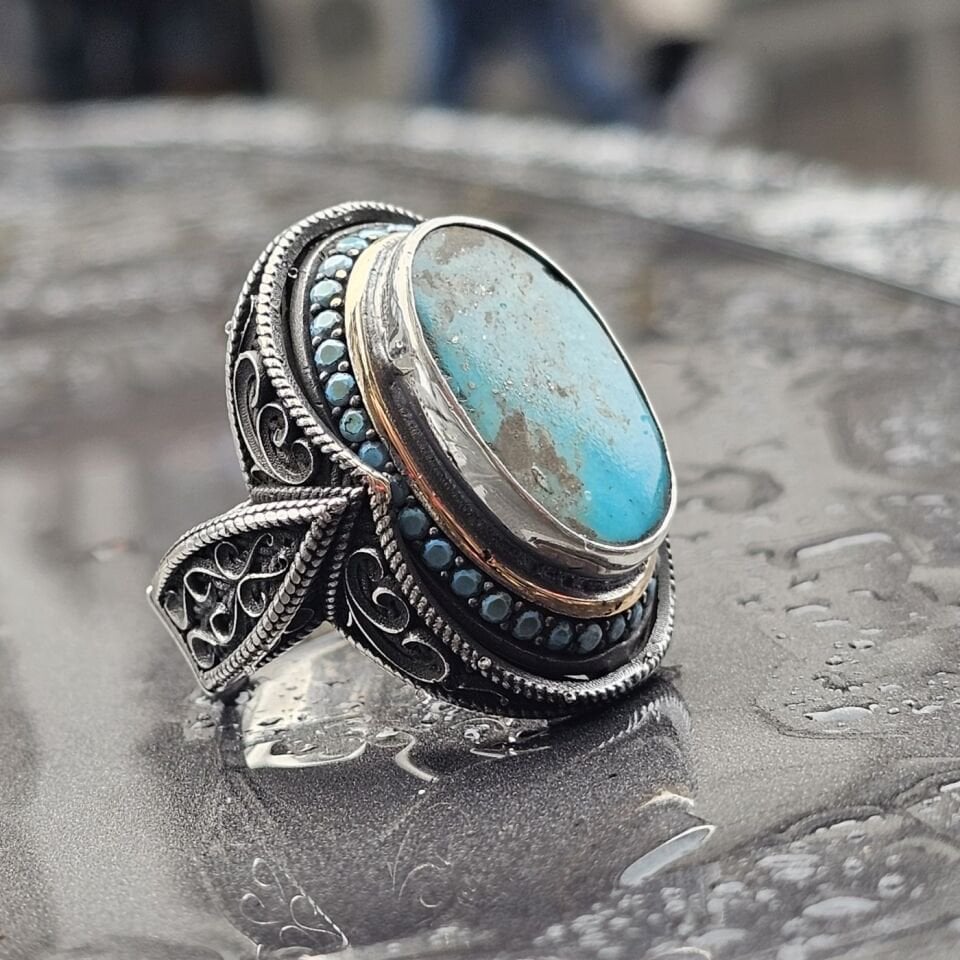 Doğal İran Firuze taş el işi 925 Ayar Erkek Gümüş Yüzük