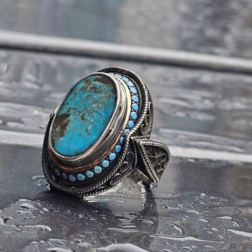 Doğal İran Firuze taş el işi 925 Ayar Erkek Gümüş Yüzük