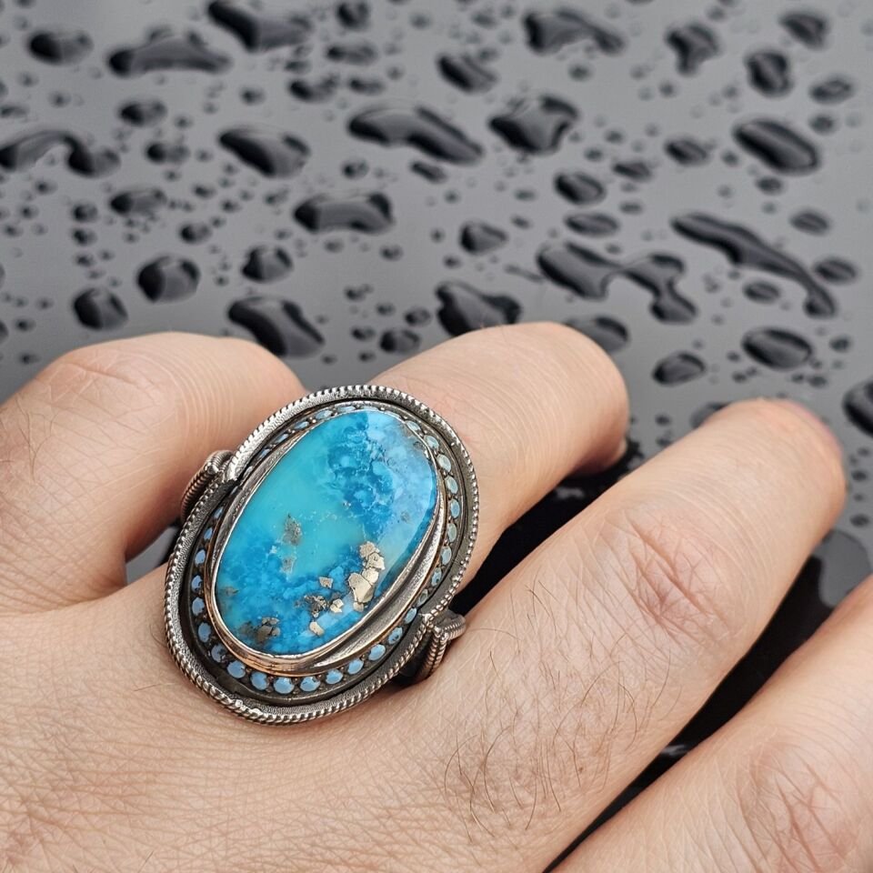 Doğal İran Firuze taş el işi 925 Ayar Erkek Gümüş Yüzük