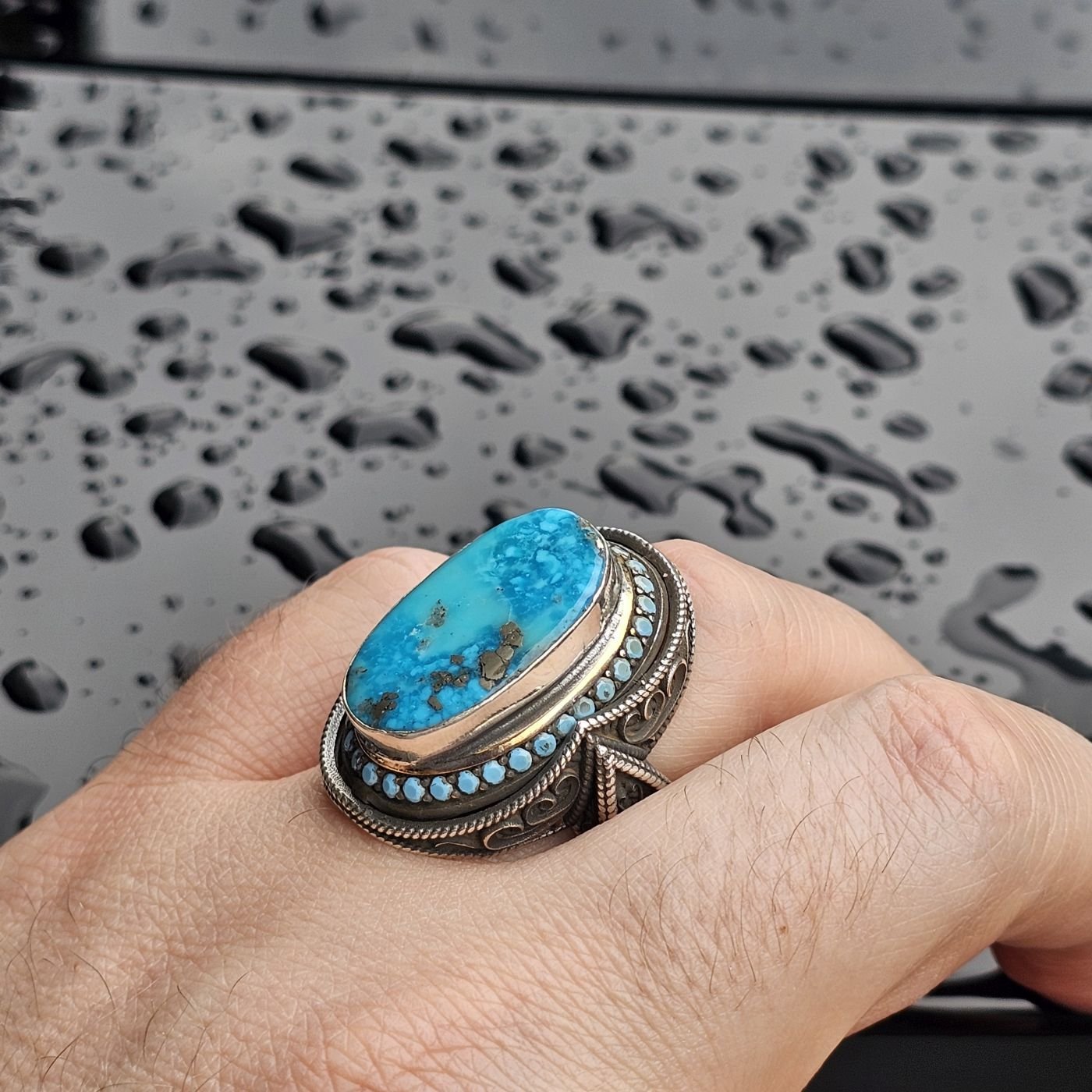 Doğal İran Firuze taş el işi 925 Ayar Erkek Gümüş Yüzük