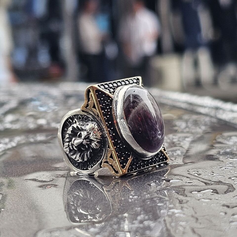 Doğal Safir taş Aslan figürü işlemeli el işi 925 Ayar Erkek Gümüş Yüzük