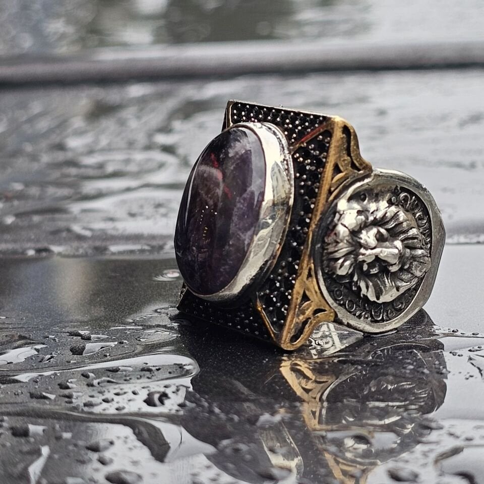 Doğal Safir taş Aslan figürü işlemeli el işi 925 Ayar Erkek Gümüş Yüzük