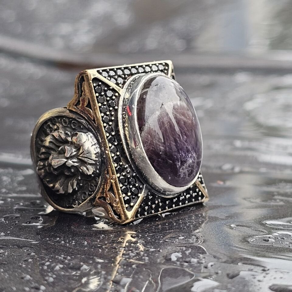 Doğal Safir taş Aslan figürü işlemeli el işi 925 Ayar Erkek Gümüş Yüzük