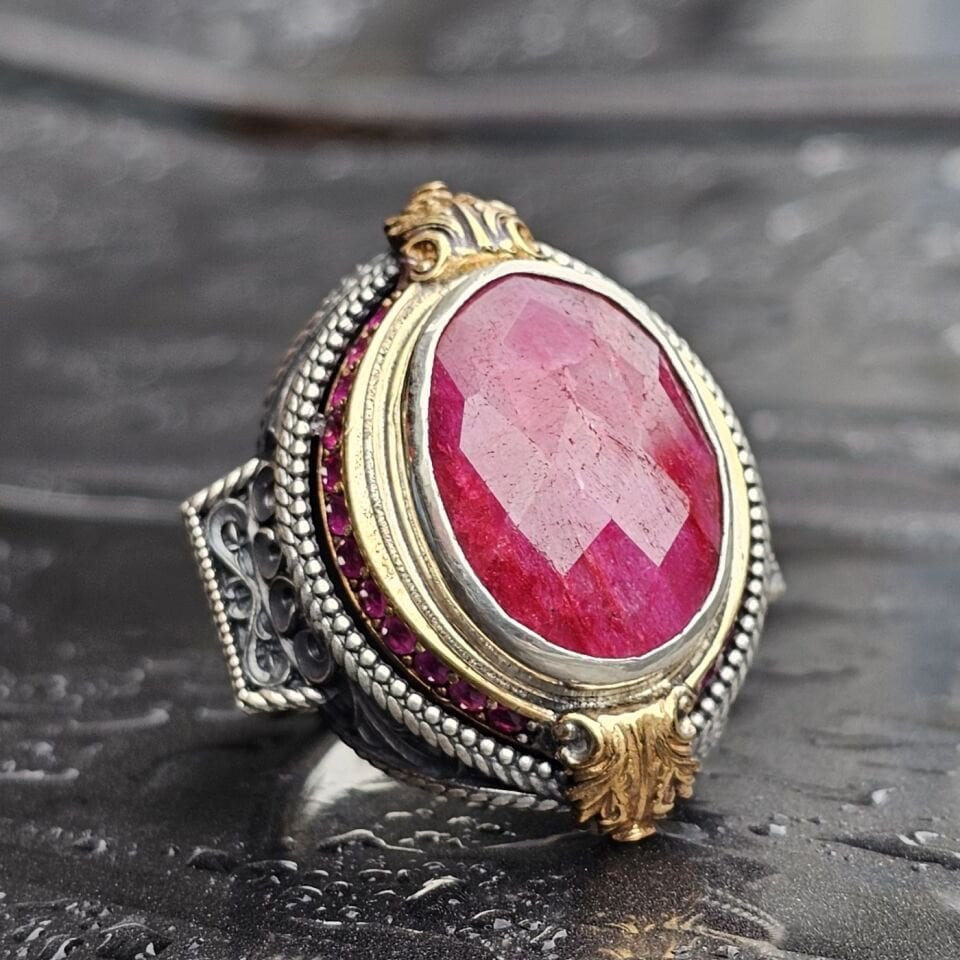 Doğal Yakut taş el işi 925 Ayar Erkek Gümüş Yüzük