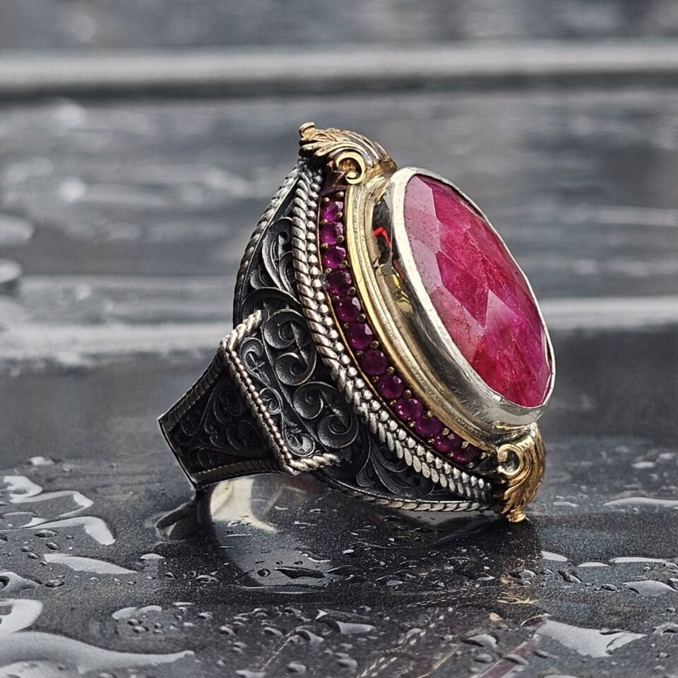 Doğal Yakut taş el işi 925 Ayar Erkek Gümüş Yüzük