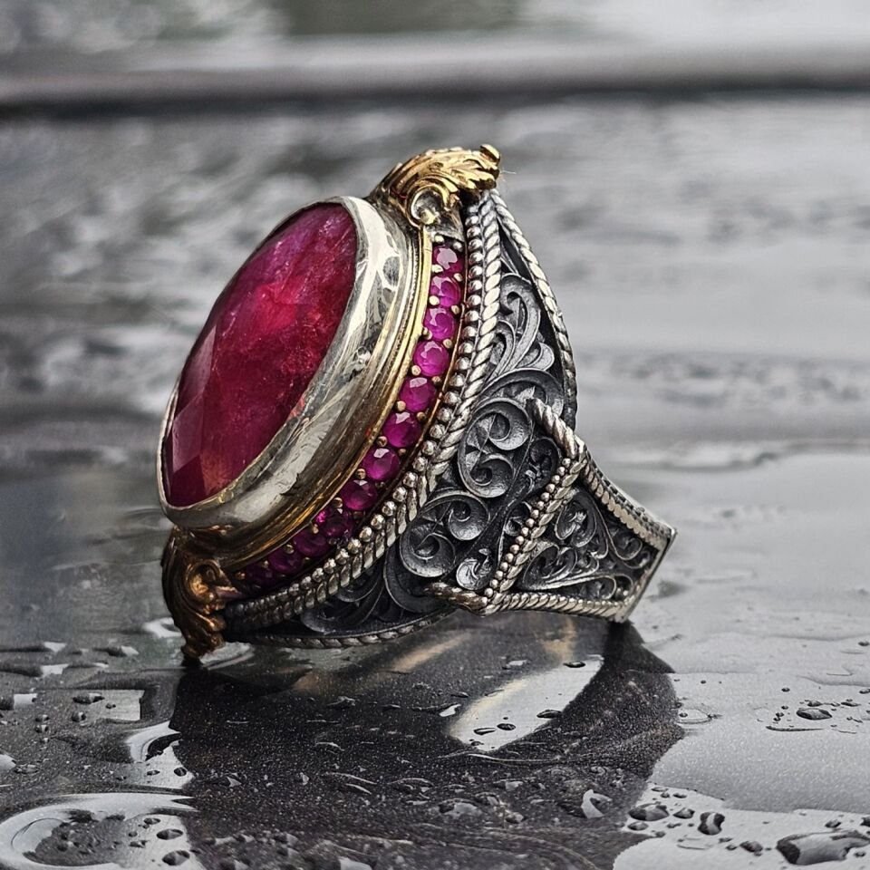 Doğal Yakut taş el işi 925 Ayar Erkek Gümüş Yüzük