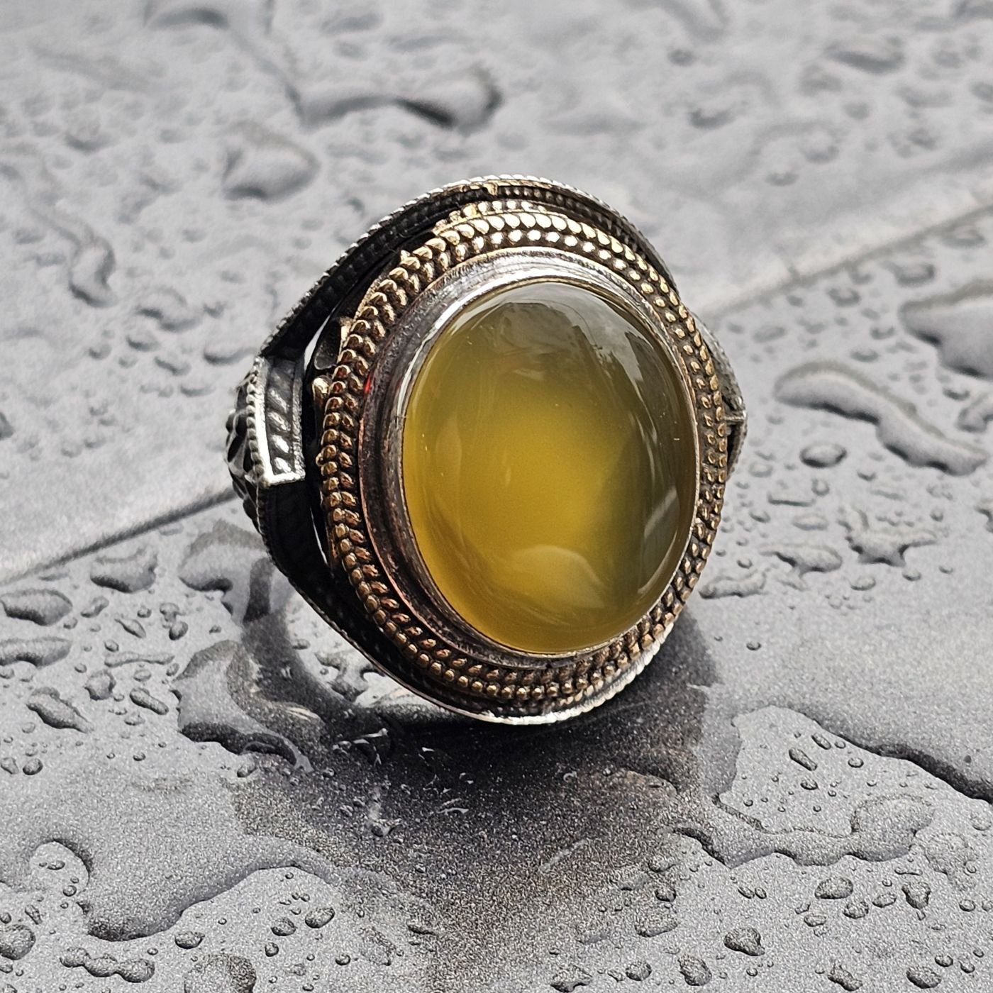 Doğal Kehribar taş el işi eskitme 925 Ayar Erkek Gümüş Yüzük