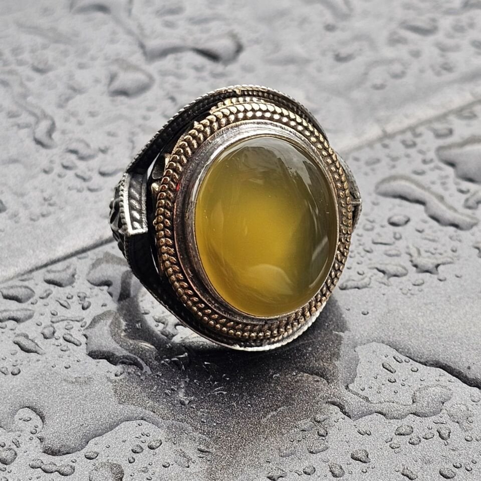 Doğal Kehribar taş el işi eskitme 925 Ayar Erkek Gümüş Yüzük