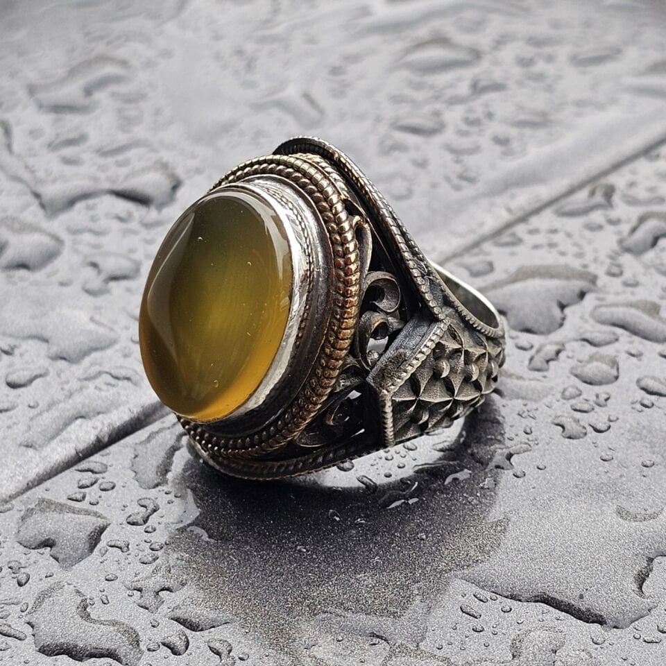 Doğal Kehribar taş el işi eskitme 925 Ayar Erkek Gümüş Yüzük