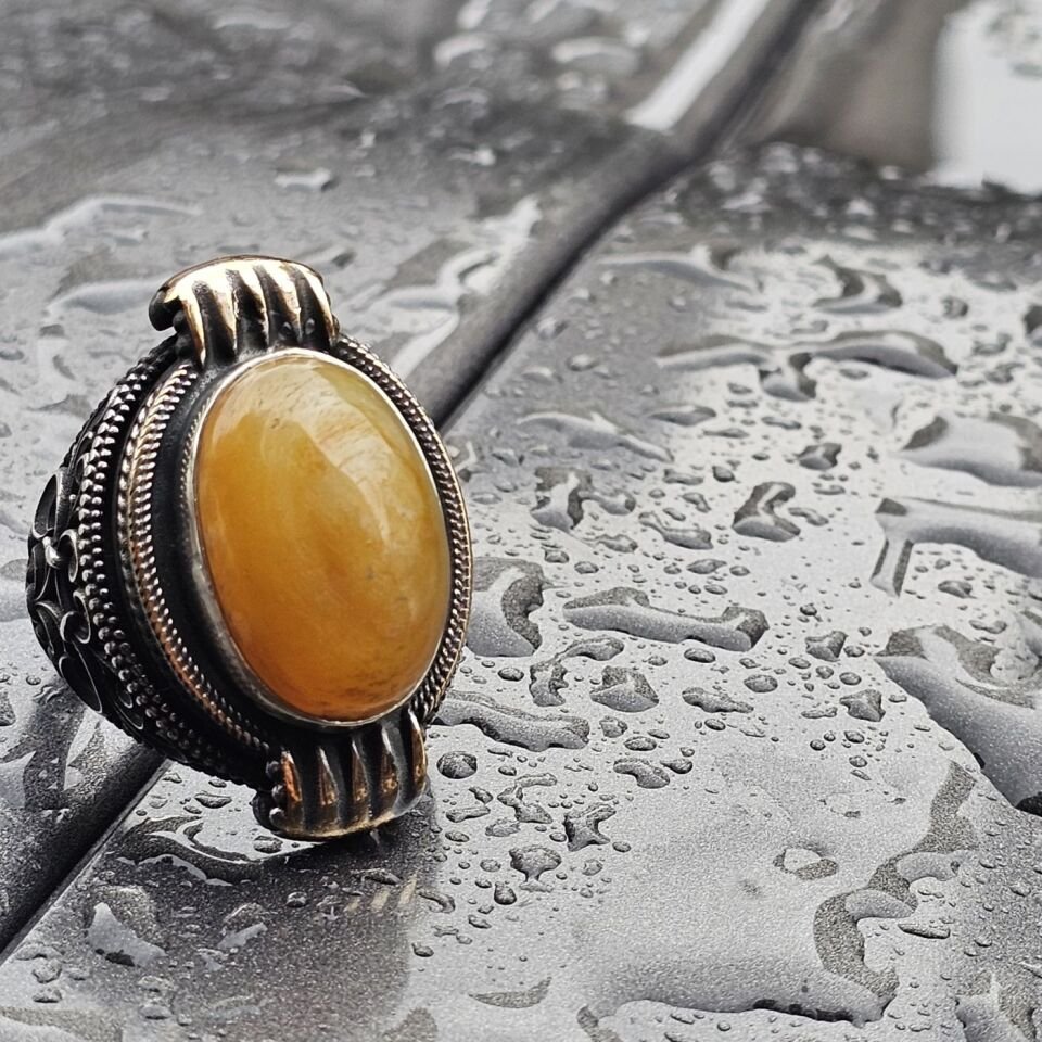 Doğal Sarı Akik taş el işi 925 Ayar Erkek Gümüş Yüzük