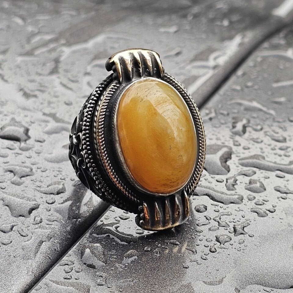 Doğal Sarı Akik taş el işi 925 Ayar Erkek Gümüş Yüzük