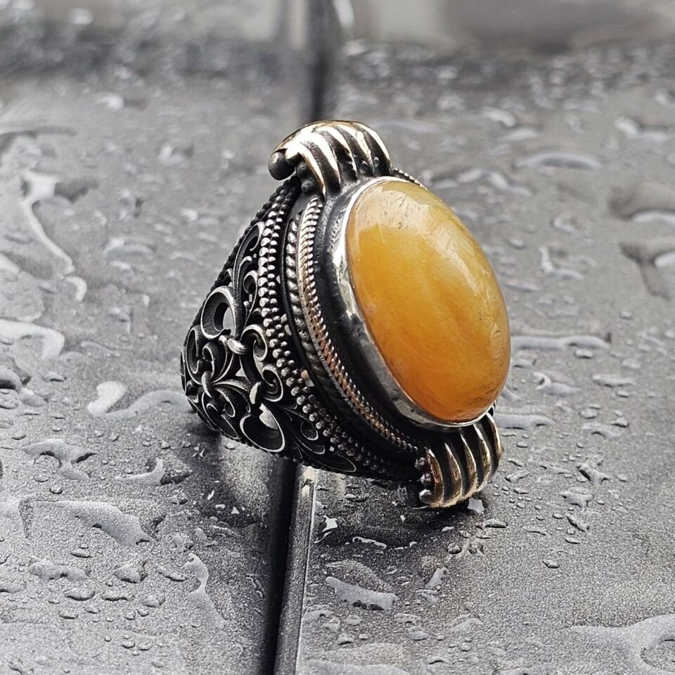 Doğal Sarı Akik taş el işi 925 Ayar Erkek Gümüş Yüzük