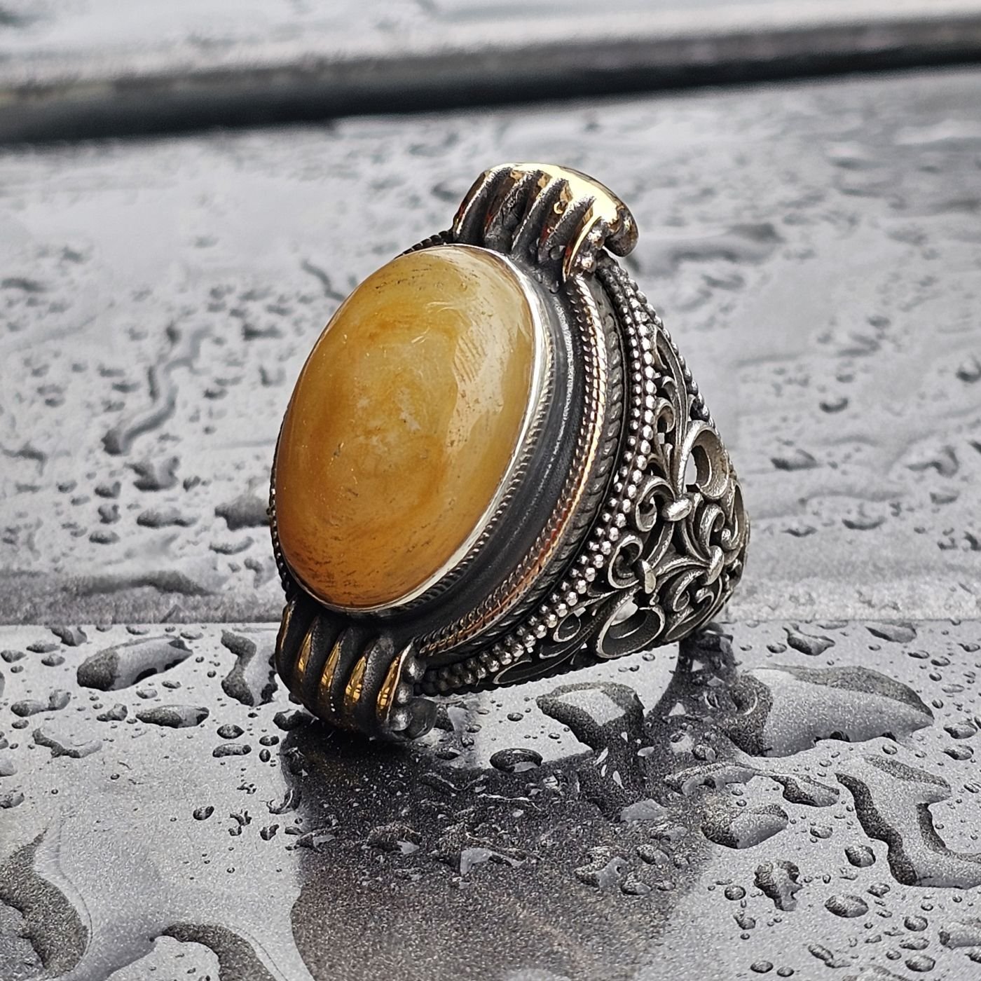 Doğal Sarı Akik taş el işi 925 Ayar Erkek Gümüş Yüzük