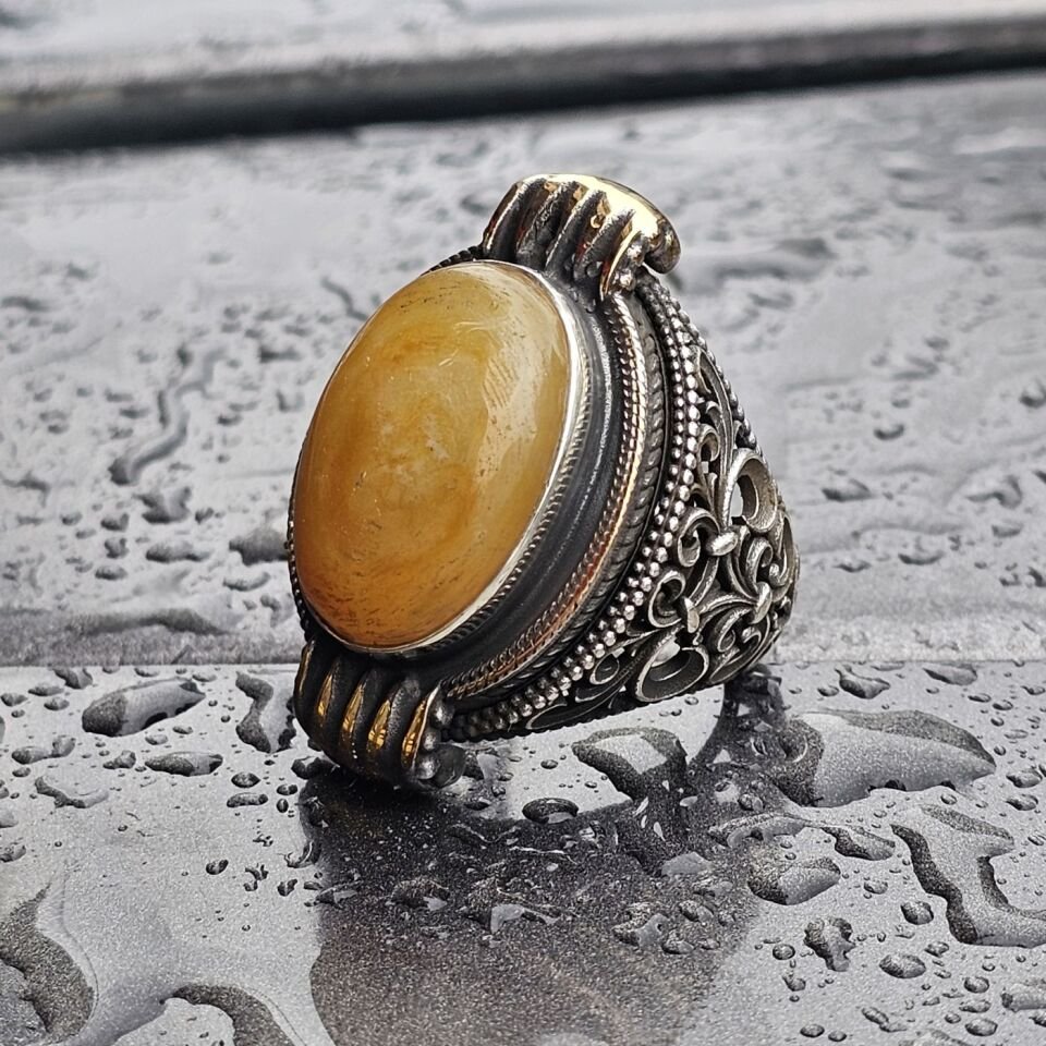 Doğal Sarı Akik taş el işi 925 Ayar Erkek Gümüş Yüzük