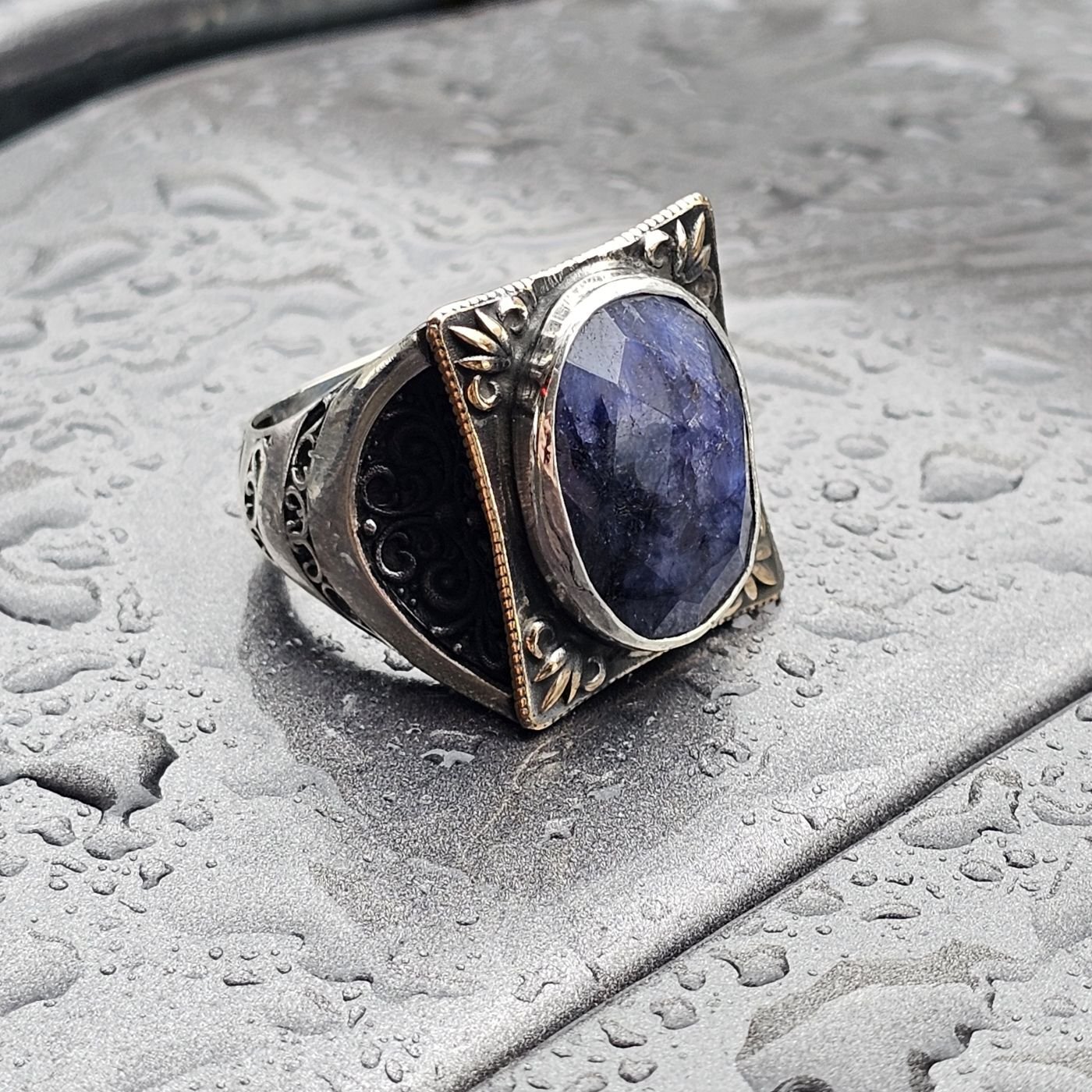 Doğal Safir taş el işi 925 Ayar Erkek Gümüş Yüzük