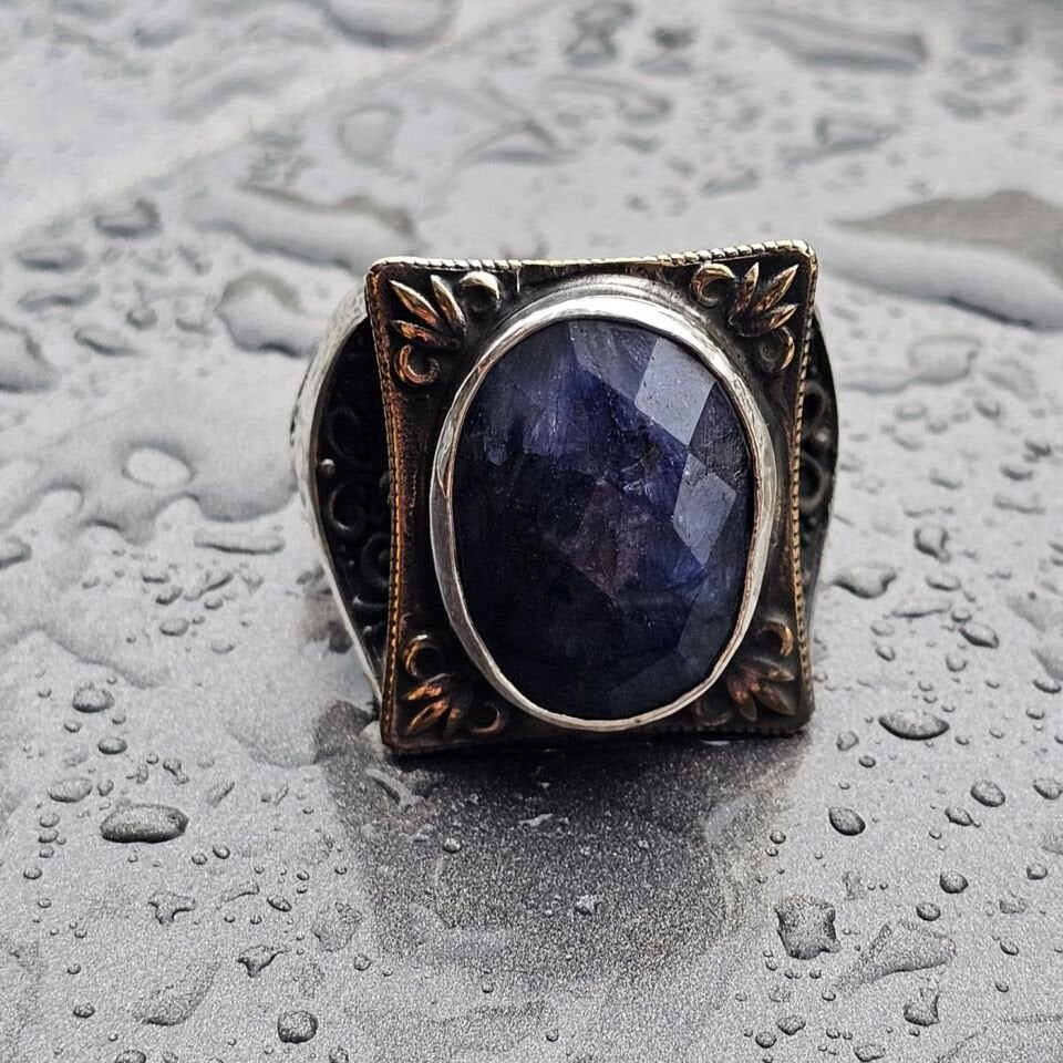 Doğal Safir taş el işi 925 Ayar Erkek Gümüş Yüzük