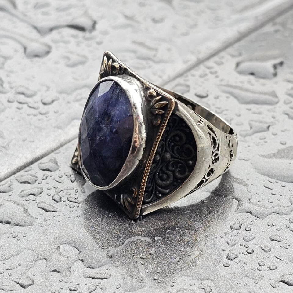 Doğal Safir taş el işi 925 Ayar Erkek Gümüş Yüzük