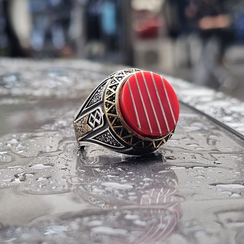 Kehribar taşlı Mine işlemeli özel Dünyada Tek Serisi 925 Ayar Erkek Gümüş Yüzük