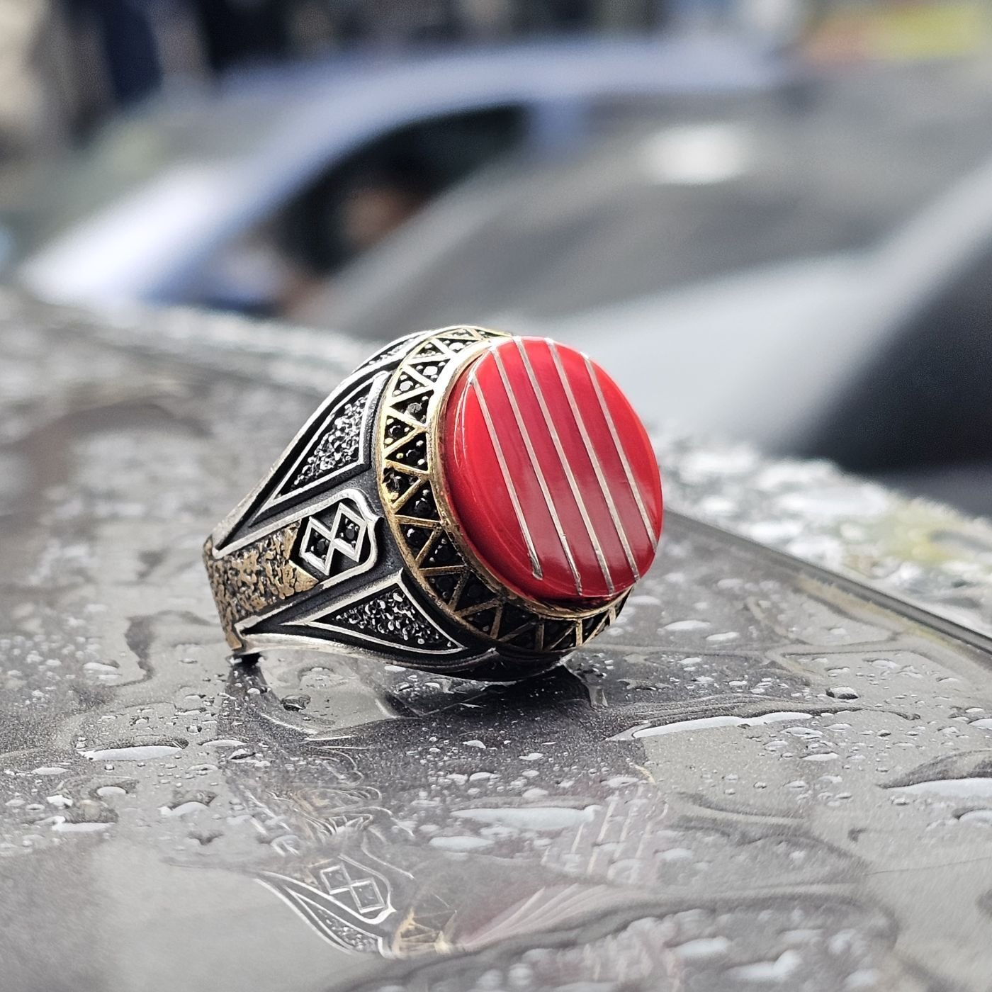 Kehribar taşlı Mine işlemeli özel Dünyada Tek Serisi 925 Ayar Erkek Gümüş Yüzük