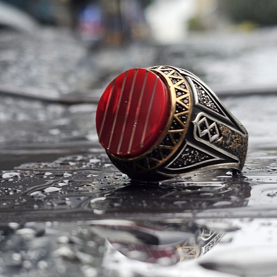 Kehribar taşlı Mine işlemeli özel Dünyada Tek Serisi 925 Ayar Erkek Gümüş Yüzük