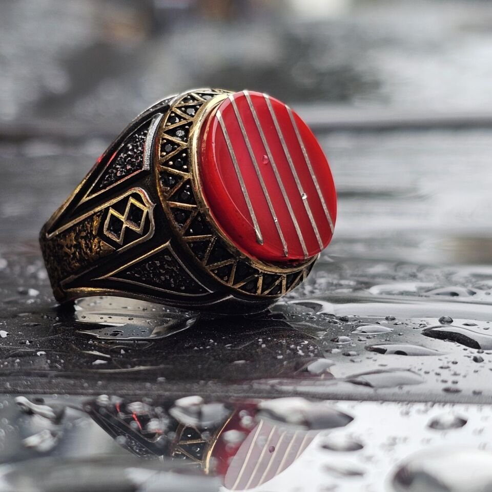 Kehribar taşlı Mine işlemeli özel Dünyada Tek Serisi 925 Ayar Erkek Gümüş Yüzük