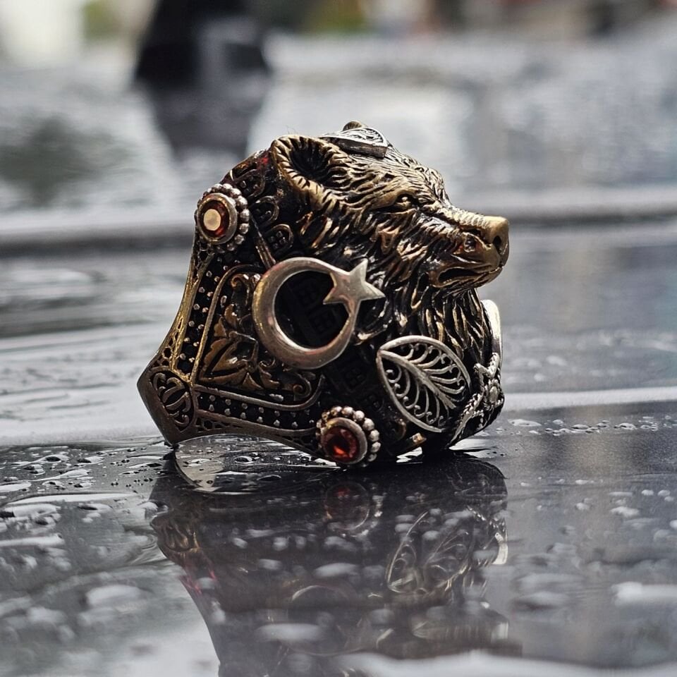 DÜNYADA TEK SERİSİ KURT BAŞLIKLI YANLARI AY YILDIZ İŞLEMELİ ÜST DÜZEY 925 AYAR ERKEK GÜMÜŞ YÜZÜK