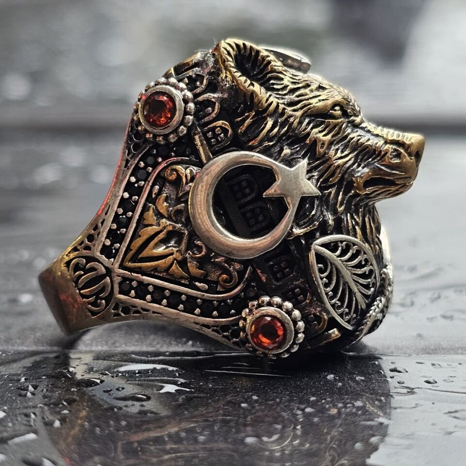 DÜNYADA TEK SERİSİ KURT BAŞLIKLI YANLARI AY YILDIZ İŞLEMELİ ÜST DÜZEY 925 AYAR ERKEK GÜMÜŞ YÜZÜK