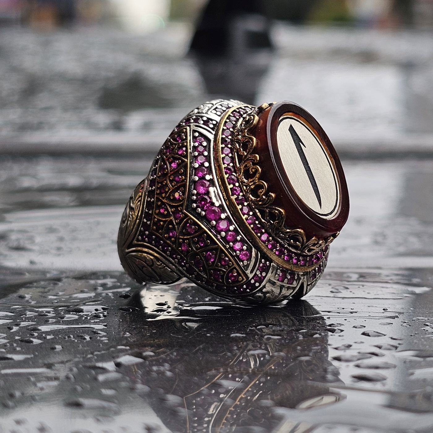 Dünyada Tek Serisi Sıkma Kehribar taşlı Elif işlemeli Üst Düzey 925 Ayar Erkek Gümüş Yüzük