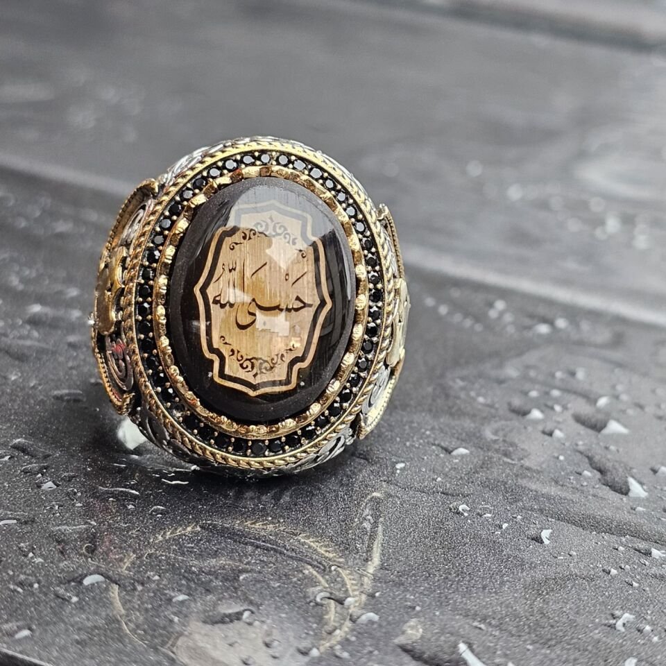 Sıkma Kehribar Üzeri HASBİALLAH yazılı  Üst Düzey 925 Ayar Erkek Gümüş Yüzük