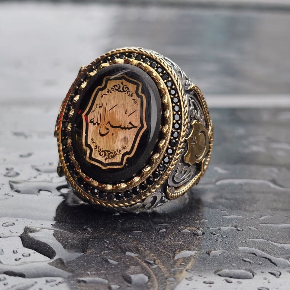 Sıkma Kehribar Üzeri HASBİALLAH yazılı  Üst Düzey 925 Ayar Erkek Gümüş Yüzük