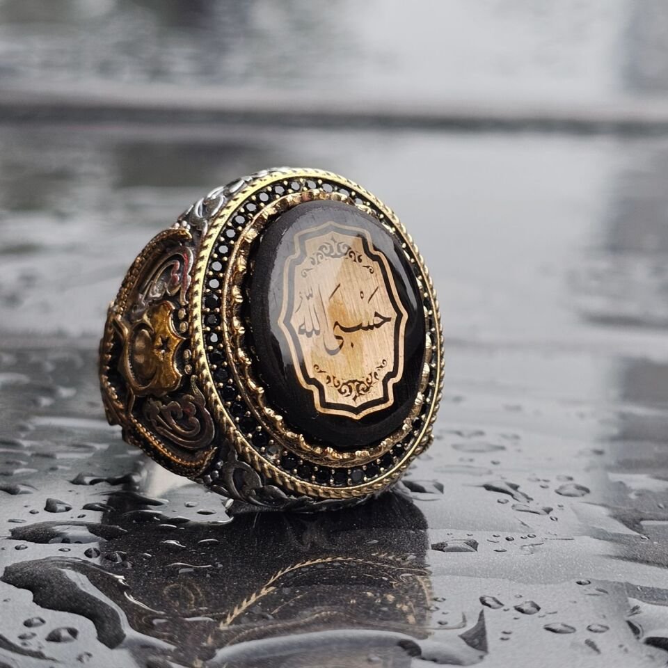 Sıkma Kehribar Üzeri HASBİALLAH yazılı  Üst Düzey 925 Ayar Erkek Gümüş Yüzük