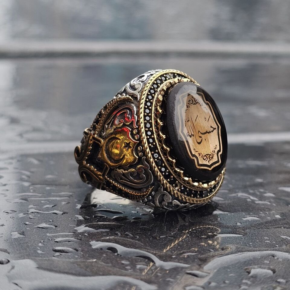 Sıkma Kehribar Üzeri HASBİALLAH yazılı  Üst Düzey 925 Ayar Erkek Gümüş Yüzük