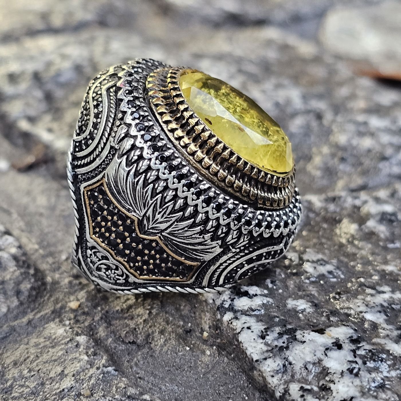 Dünyada Tek Serisi Sarı Paraiba taşlı Üst Düzey 925 Ayar Erkek Gümüş Yüzük