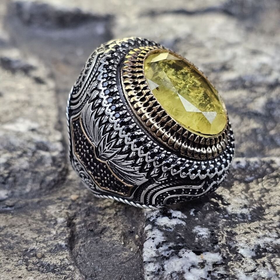 Dünyada Tek Serisi Sarı Paraiba taşlı Üst Düzey 925 Ayar Erkek Gümüş Yüzük