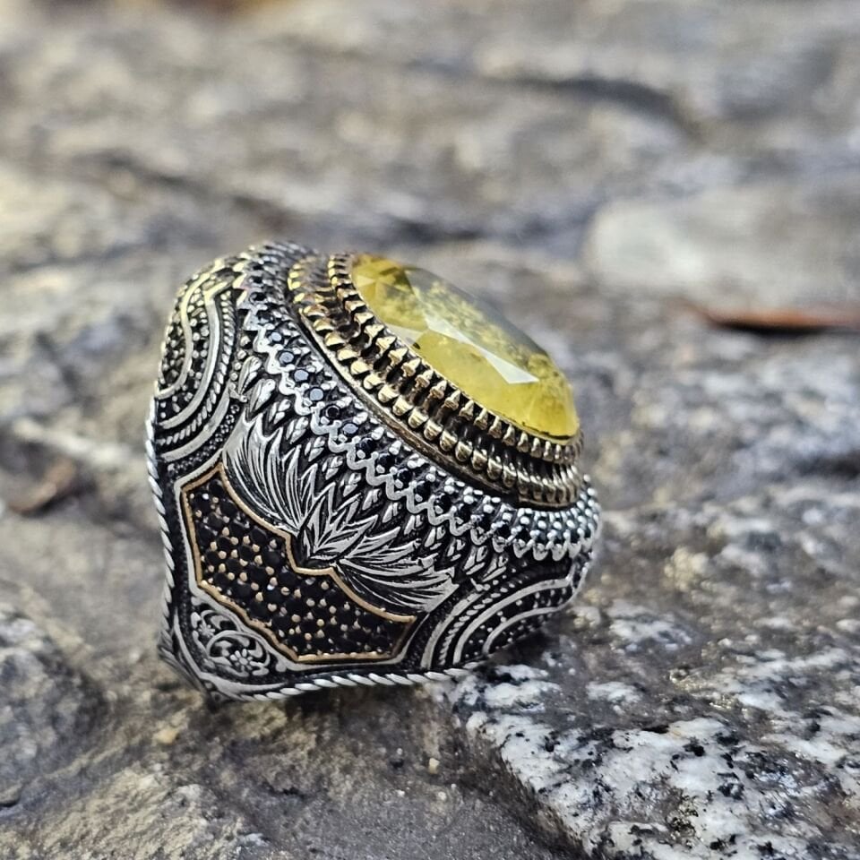 Dünyada Tek Serisi Sarı Paraiba taşlı Üst Düzey 925 Ayar Erkek Gümüş Yüzük