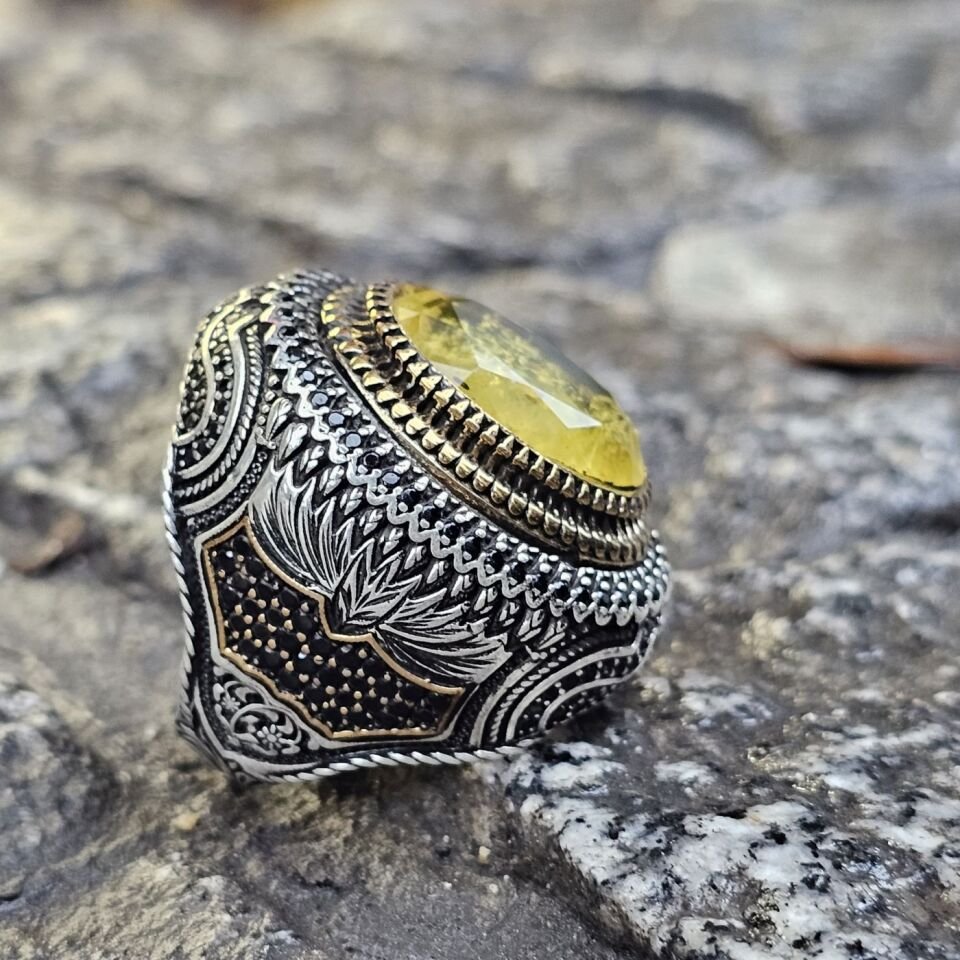 Dünyada Tek Serisi Sarı Paraiba taşlı Üst Düzey 925 Ayar Erkek Gümüş Yüzük