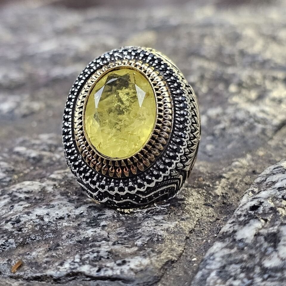 Dünyada Tek Serisi Sarı Paraiba taşlı Üst Düzey 925 Ayar Erkek Gümüş Yüzük