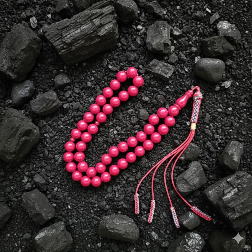 Şeker Pembesi Sıkma Kehribar taşlı Sistemli Tesbih