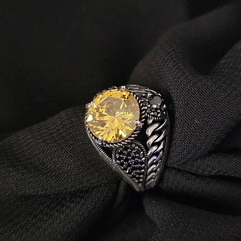 Sitin taşlı  925 Ayar Gümüş Yüzük sarı - 18