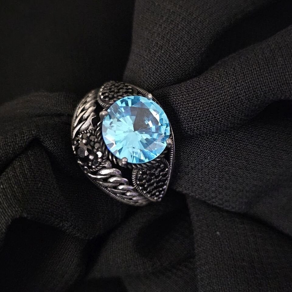 Aqua Marine taşlı  925 Ayar Gümüş Yüzük mavi - 25