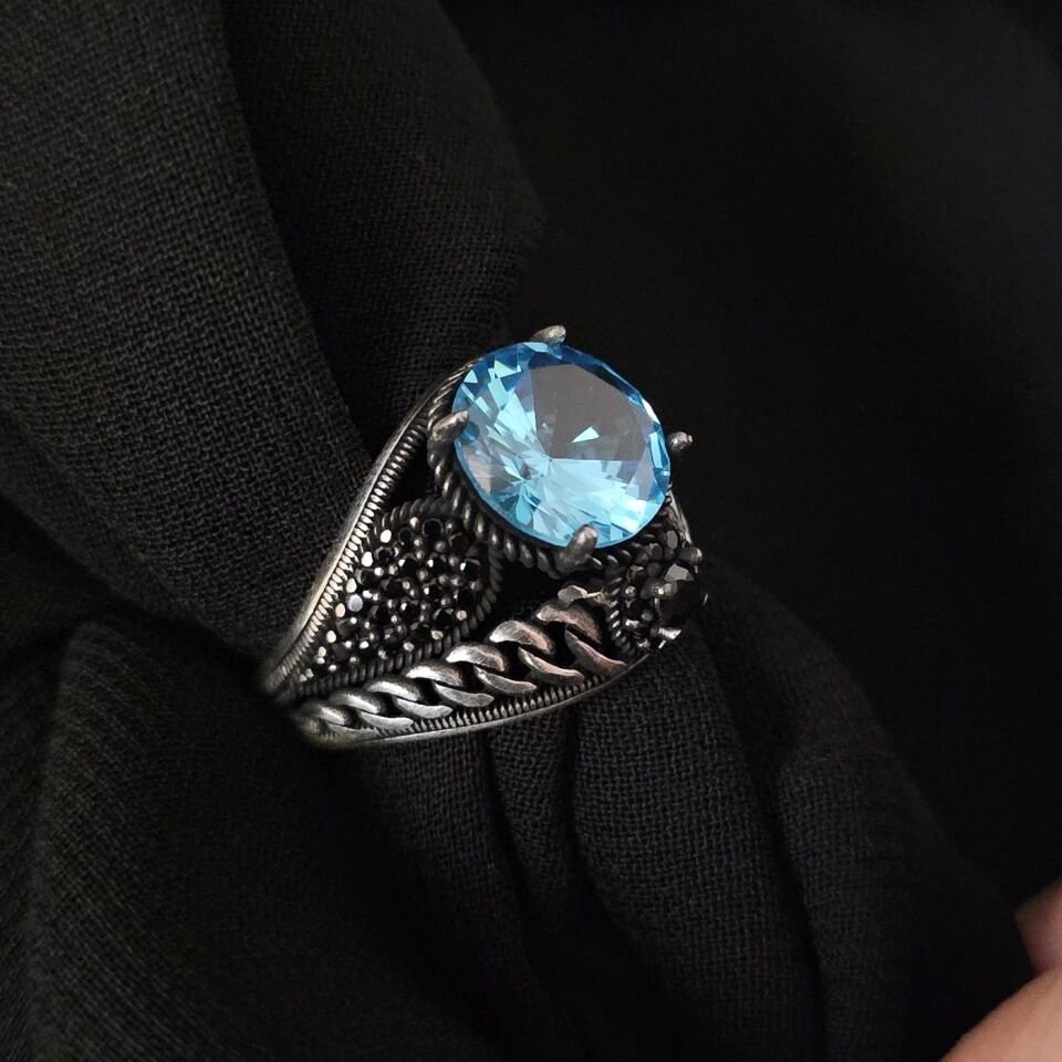 Aqua Marine taşlı  925 Ayar Gümüş Yüzük mavi - 25