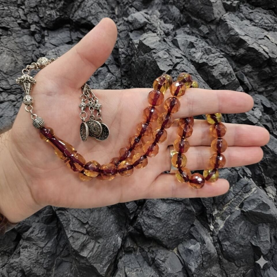 Fasetta kesim Sıkma Kehribar taşlı Sistemli Tesbih