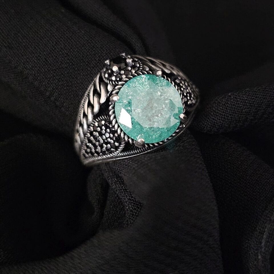 Paraiba taşlı  925 Ayar Gümüş Yüzük yeşil - 25