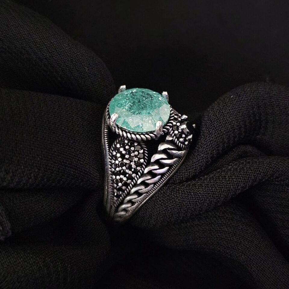Paraiba taşlı  925 Ayar Gümüş Yüzük yeşil - 25