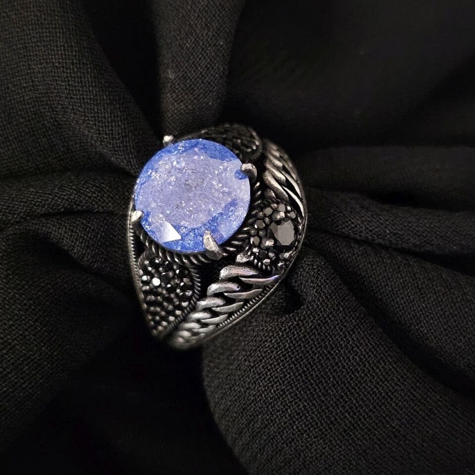 Paraiba taşlı  925 Ayar Gümüş Yüzük mavi - 25