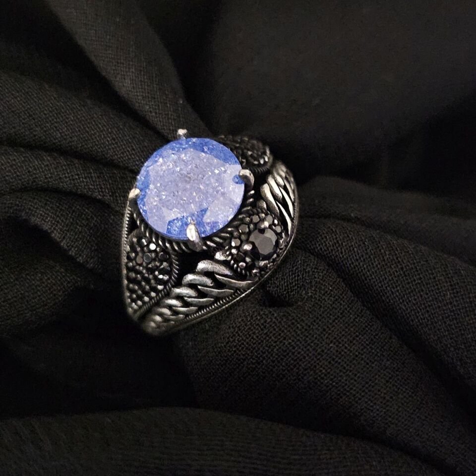 Paraiba taşlı  925 Ayar Gümüş Yüzük mavi - 25