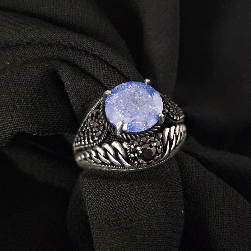 Paraiba taşlı  925 Ayar Gümüş Yüzük mavi - 25